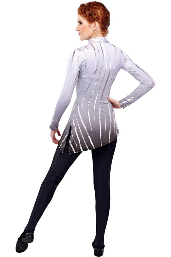 Styleplus Genesis Guard and Percussion Uniform MTO (Tunic)-Costume Print 320 with Metallic Texture Pattern Stripes 3000 in Silver