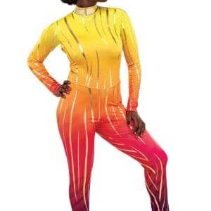Styleplus Genesis Guard and Percussion Uniform MTO (Unitard)-Costume Print 318 with Metallic Texture Pattern Stripes 3000 in Gold