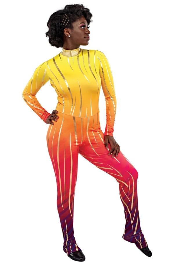 Styleplus Genesis Guard and Percussion Uniform MTO (Unitard)-Costume Print 318 with Metallic Texture Pattern Stripes 3000 in Gold