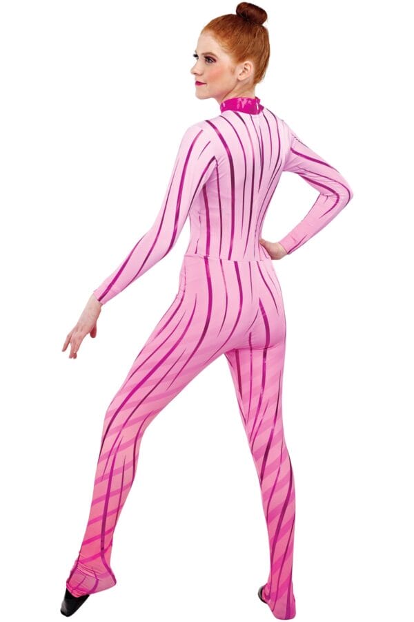 Styleplus Genesis Guard and Percussion Uniform MTO (Unitard)-Costume Print 319 with Metallic Texture Pattern Stripes 3000 in Magenta