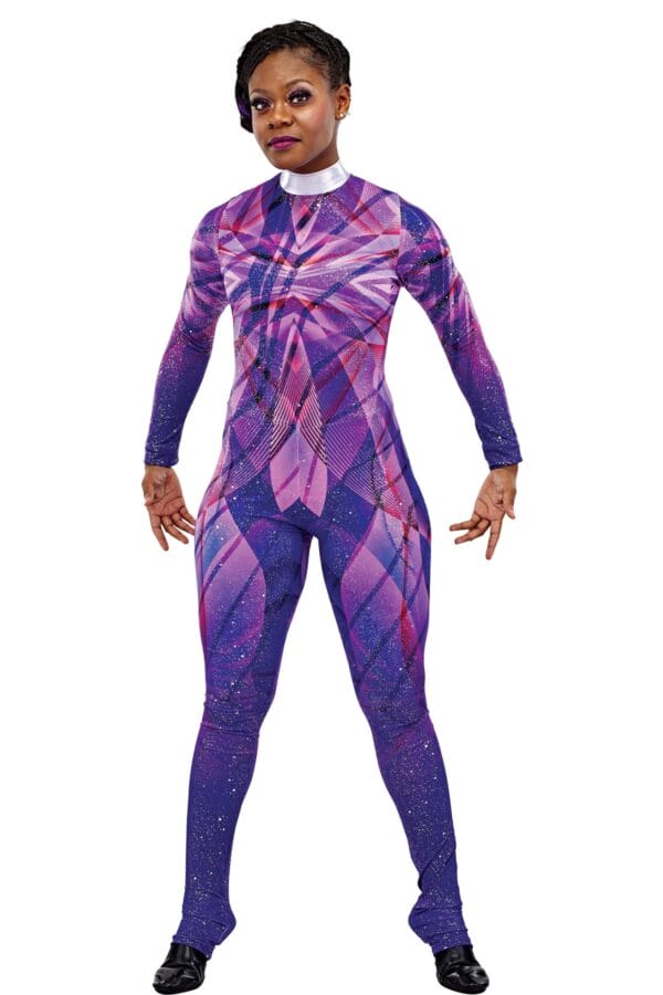 Styleplus Genesis Guard and Percussion Uniform MTO (Unitard)-Costume Print 301 with Metallic Texture Pattern 6000 in Lilac