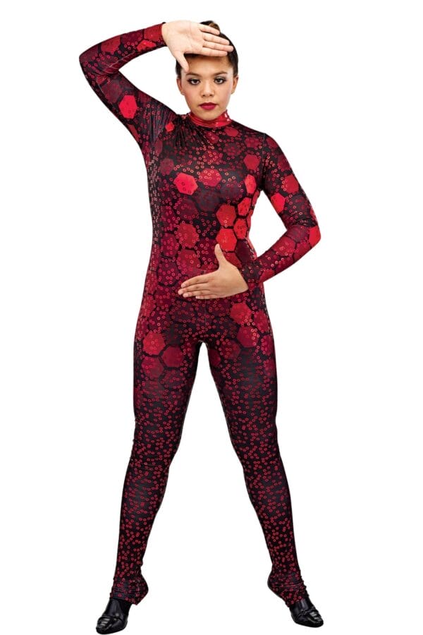 Styleplus Genesis Guard and Percussion Uniform MTO (Unitard)-Costume Print 334 with Metallic Texture Pattern 11000 in Red